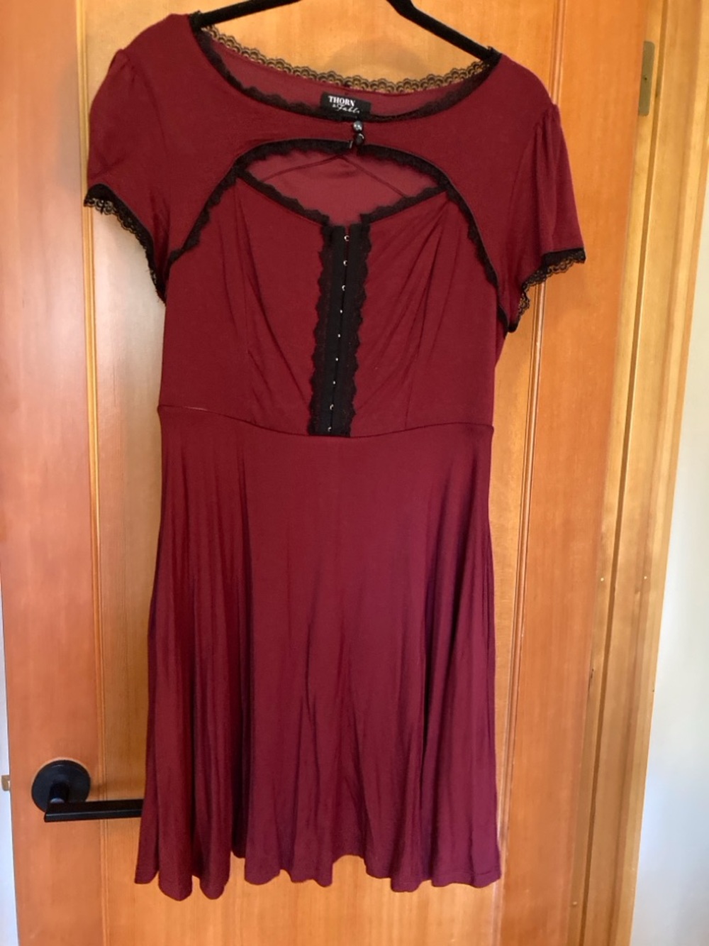 Thorn & Fable Burgundy Mini Dress with Black Lace Trim